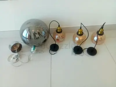 Set of 3 glass pendant lights + 1 large globe pendant - used, good condition