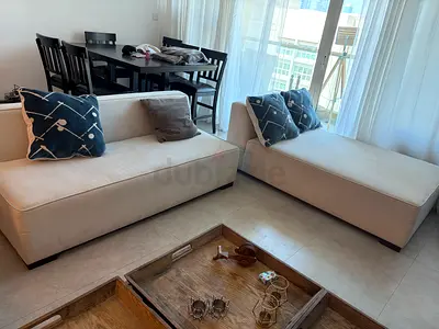 Pair of beige 3-seater sofa and chaise in good condition. 180x110cm and 180x90cm