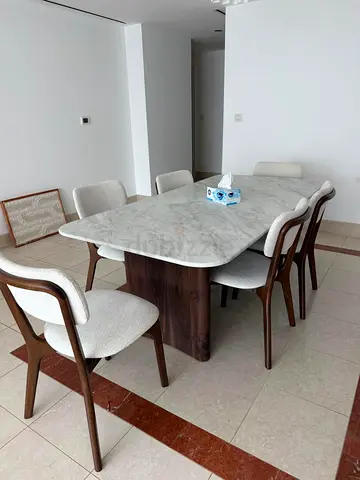 6-Seater Marble Top Dining Table with Upholstered Chairs - Walnut Base