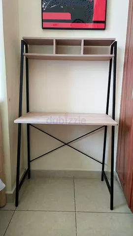 Compact study desk with overhead shelves - light wood and black frame