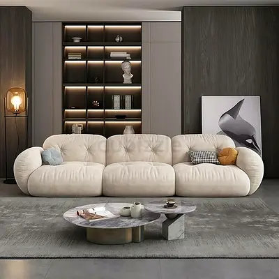 Modern Plush 3-Seater Sofa in Light Beige