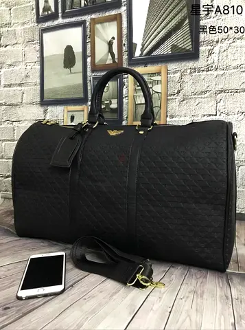 Black Quilted Travel Duffel Bag with Detachable Shoulder Strap