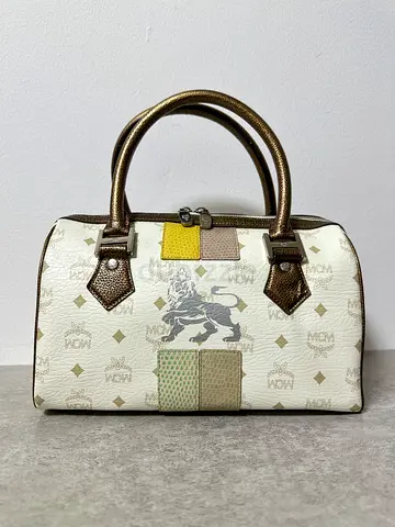 White MCM (princess Lion series)Medium Boston Satchel with Metallic Handles