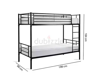 Metal Bunk Bed Frame - Twin over Full, Black, with Ladder (198 x 96 x 164 cm)