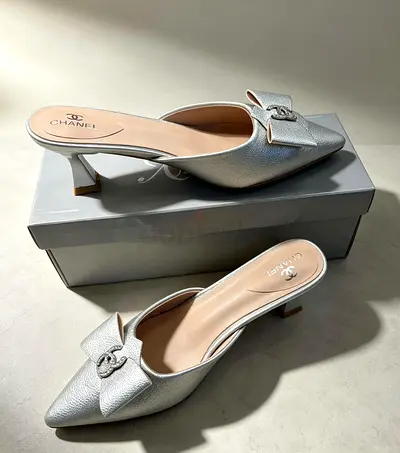 Chanel silver leather mule heels with bow detail, size 36-42