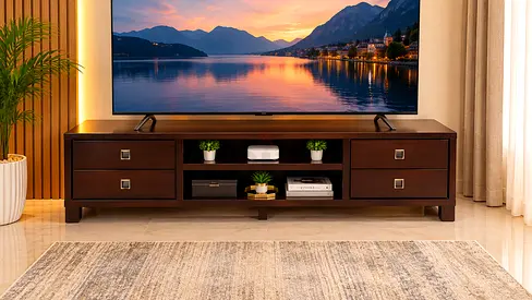 Dark Wood TV Entertainment Unit with Drawers and Open Shelves