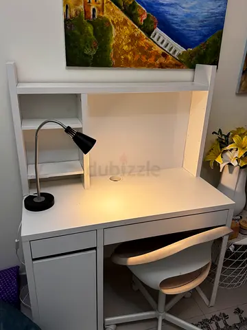 White compact study desk with hutch and drawer With Chair From IKEA