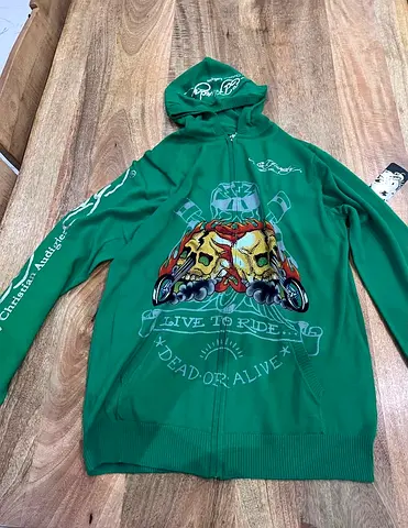 Vintage Ed Hardy by Christian Audigier Rhinestone Knit Zip Hoodie - "Live to Ride / Dead or Alive"