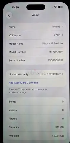 iPhone 17 Pro Max 512 gb once cycle counter