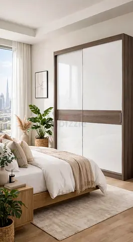 Modern two-door sliding wardrobe with white high-gloss panels and wood frame