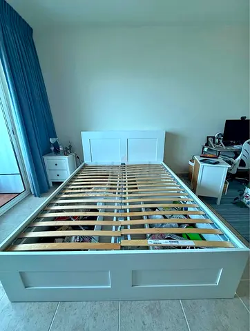 IKEA white wooden double bed frame with slats - Good condition