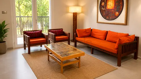 Hand-Carved Solid Wood Sofa Set with Orange Cushions