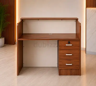 Modern Red Walnut Reception Desk – Luxury White & Walnut Office Reception Counter with Storage