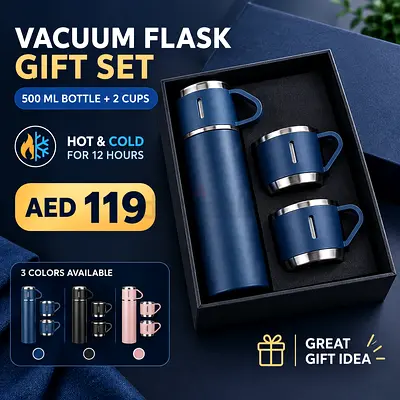 500ml Vacuum Flask Gift Set with 2 Insulated Cups - Blue