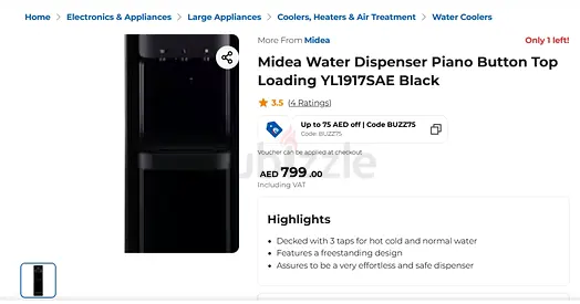 Midea Piano Button - Top Loading Water Dispenser - Black