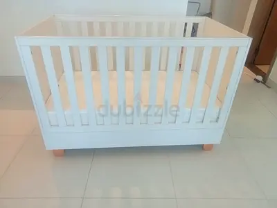 White Wooden Baby Crib with Mattress - Good Condition