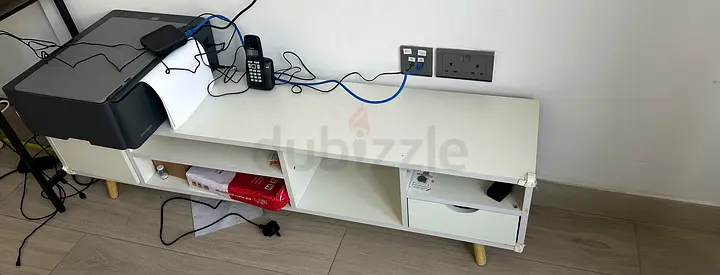Low white TV/Media console with storage shelves - good condition