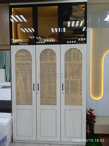 3-Door Woven Rattan Front Wardrobe with Upper Glass Cabinets