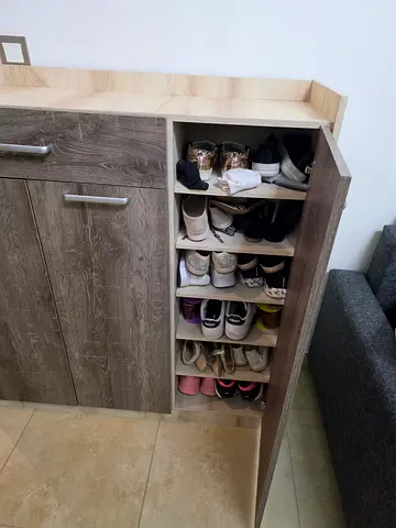 Slim Shoe Cabinet / Storage Cupboard - Wooden Finish, Holds Multiple Pairs