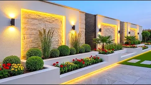 Modern outdoor garden planters and decorative wall panels with lighting and Plants