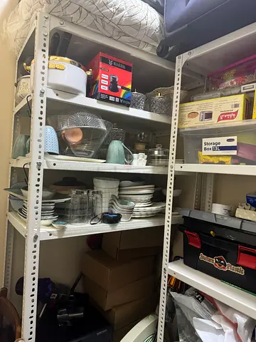 White Metal Storage Shelving Unit with Kitchenware (Used)