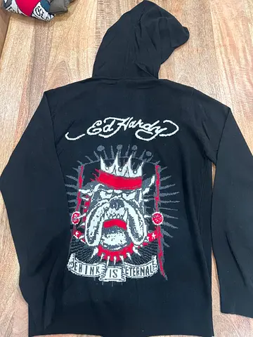 Vintage Ed Hardy "Ink is Eternal" Crown Bulldog Knit Zip Hoodie - Size Large (Black)