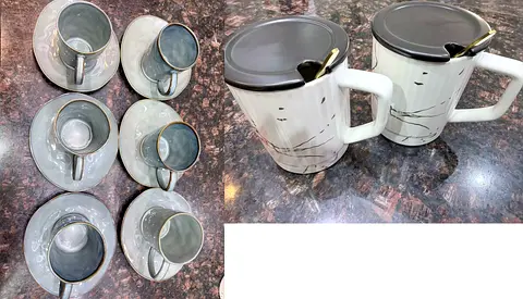Set of 6 Porcelain Tea Cups with Saucers + 2 Lidded Mugs - Light Grey Marble Design