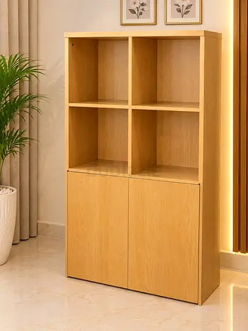 IKEA-style Oak Finish Storage Cabinet with Open Shelves and Lower Cupboards