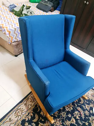 Blue Wingback Rocking Chair – Upholstered Reading Armchair with Wooden Rockers