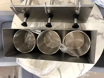 Stainless Steel 3-Jar Condiment Dispenser with Lid and Stand - Good Condition