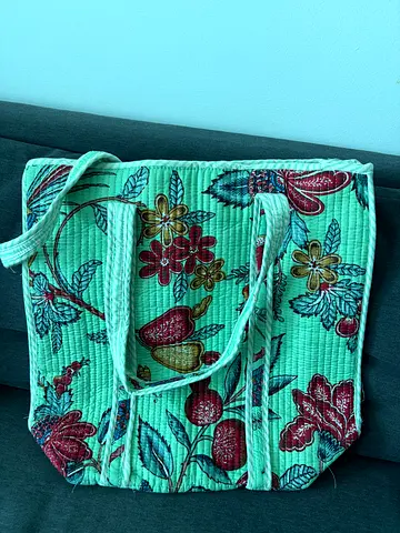 Mint Green Embroidered Tote Bag with Bird & Floral Designhand blocked bags sustainable
