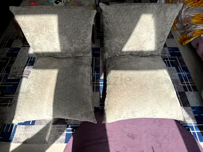 Pair of low lounge chairs / floor chairs - grey fabric