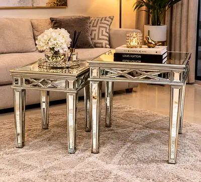 Pair of mirrored glass nesting side tables - elegant living room set