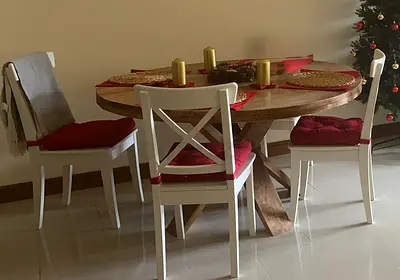 Solid Wood Round Dining Table ( not ikea ) with 4 White Cross-back Chairs ikea chairs - Light Oak