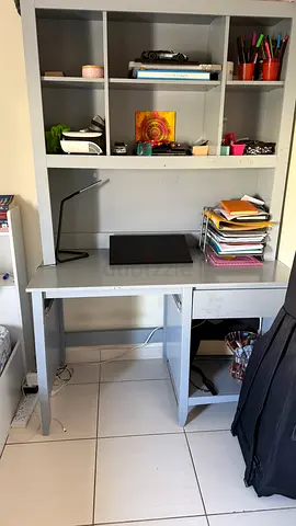 Grey wooden study desk with built-in shelving and hutch - good condition