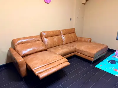 Genuine leather L-shape reclining sofa - tan, 3-seater with chaise