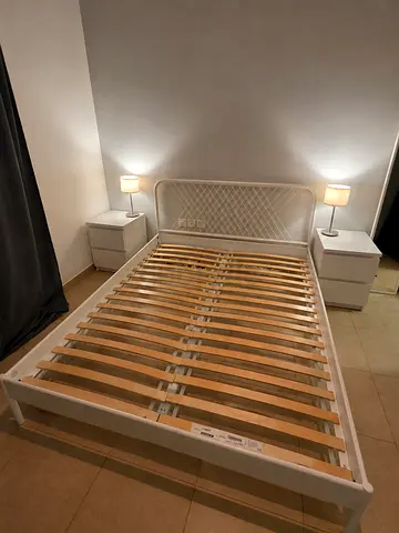 White metal double bed frame with slats (IKEA NESTTUN)