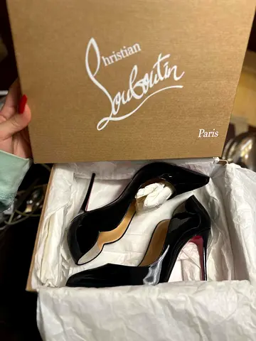 Christian Louboutin Black Patent Pumps with Red Soles, Size 38.5
