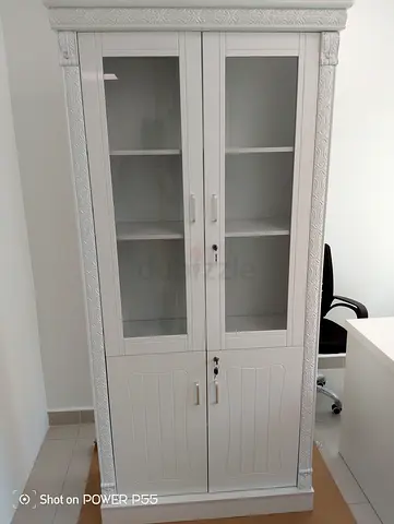 White Wooden Display Cabinet with Glass Doors — Good Condition