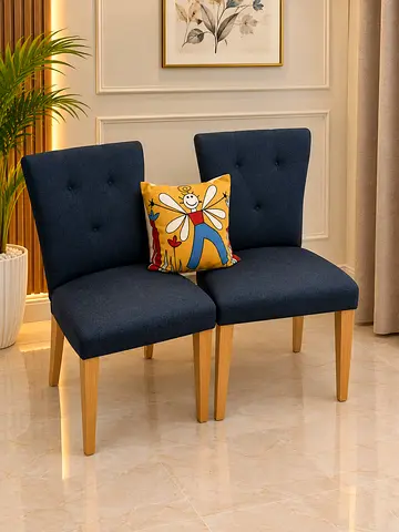 Set of 2 Navy Fabric Dining/Accent Chairs with Wooden Legs