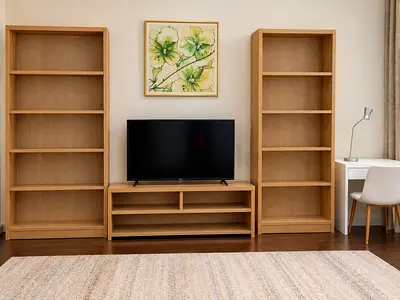 Oak TV Console with Two Matching Tall Bookcases - Good Condition