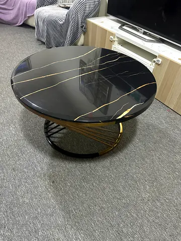 Round Black Marble-Effect Coffee Table with Gold Frame
