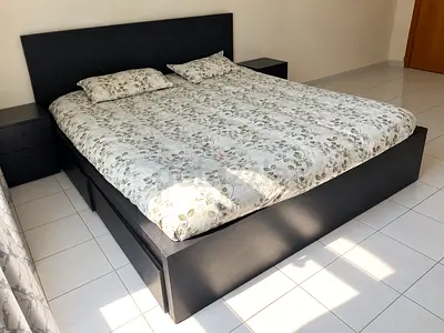 King size Black Wooden Bed Frame with Mattress and Two Matching Nightstands - Good Condition