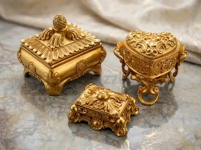Set of 3 Vintage Ornate Gold Decorative Jewelry Boxes