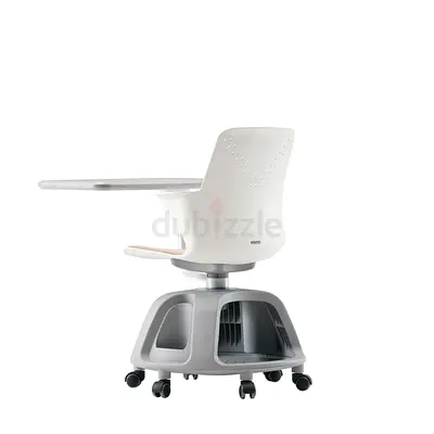 White mobile study chair with attached foldable writing tablet (on wheels)