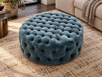 Ottoman round blue velvet
