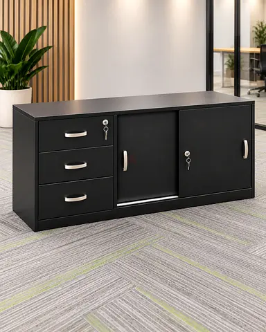 Black Steel Office Storage Cabinet with Drawers and Sliding Door - Lockable