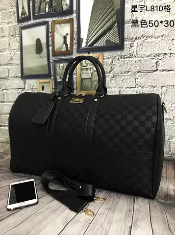 Large Black Checkered Travel Duffel Bag with Detachable Strap - master copy