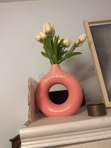 Modern round pink ceramic vase with faux tulips - decorative piece
