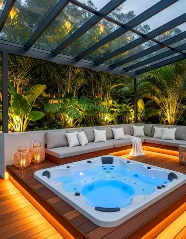 Built-in Outdoor Jacuzzi Hot Tub with Sofa Set Mood Lighting & Glass roof Plants